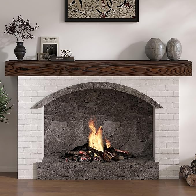 Fireplace Mantel 60inch, Solid Wood Mantel Shelf Handcrafted Rustic, Handcrafted Wood Fireplace Mantels Floating Mantle Shelves Decor for Wall, Bedroom, TV, Books, Livingroom 60 X 8 X 5 - Dark Brown