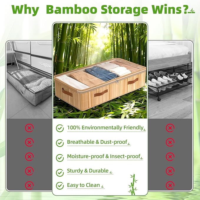 Livole 2 Pack Bamboo Under Bed Storage with Wheels, 6 inches Underbed Storage Containers, 56L XXL Rolling Under Bed Storage Bins with Clear Lid & Label for Clothes, Blankets, Sweater, Shoes