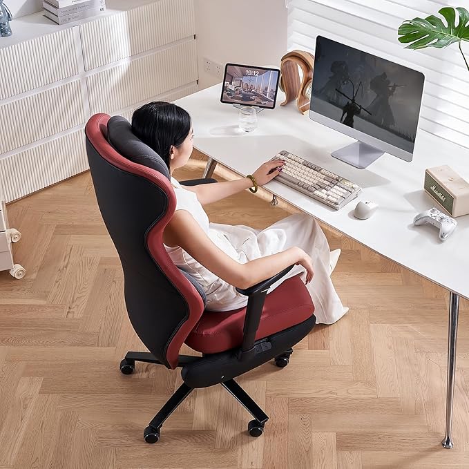EMIAH Ergonomic Office Chair with Foot Rest Reclining Office Chair with Adjustable Arms and Headrest High Back Gaming Chair with Lumbar Support, PU Leather(Red),Manual