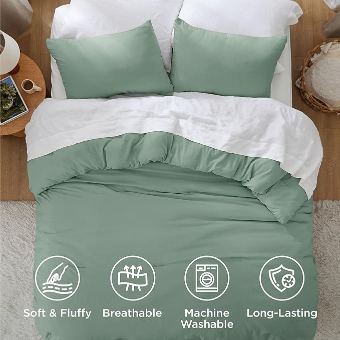 Bedsure Full Size Comforter Set, Sage Green Soft Prewashed Bedding for All Seasons, 3 Pieces GentleSoft™ Warm Down Alternative Bed Set, 1 Lightweight Comforter (82"x86") and 2 Pillowcases (20"x26")