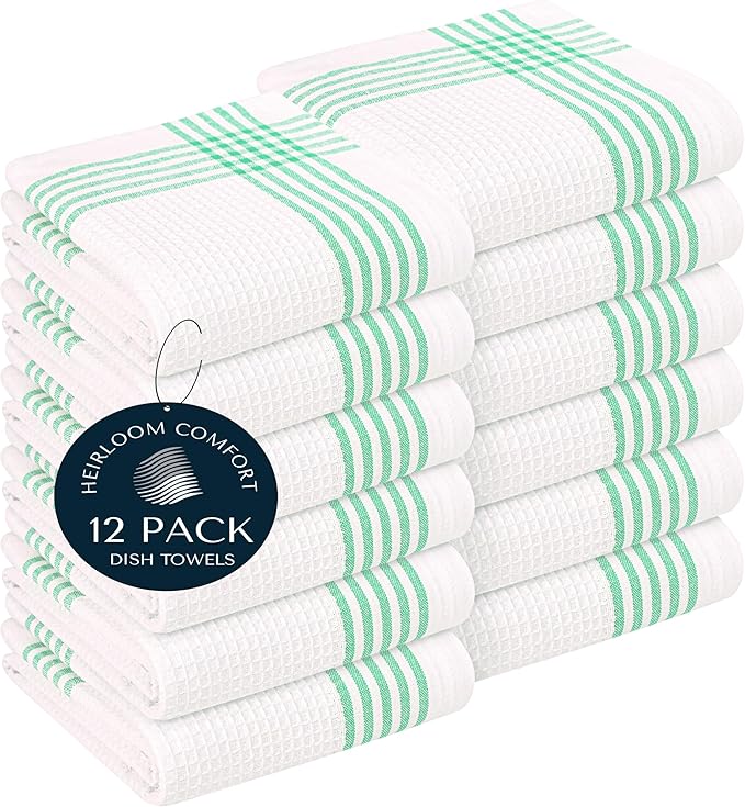 Dark Green Waffle Weave Kitchen Towels 12 Pack, 100% Cotton, 16x26 Inch, Ultra Absorbent, Quick Dry Dishcloths, Durable & Reusable Dish Towels for Home and Kitchen, Machine Washable