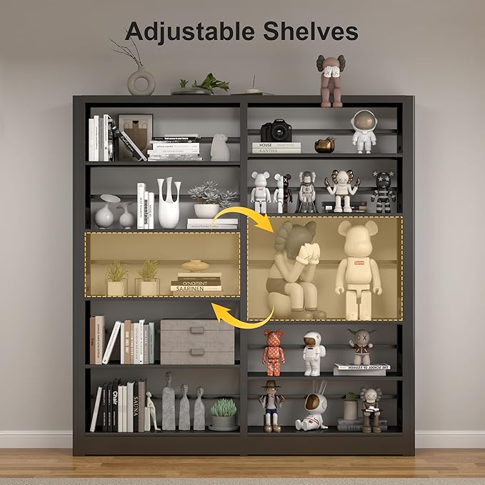 5-Tier Bookshelf, Black Bookcase with Adjustable Storage Shelves, Freestanding Bookcases and Bookshelves, Wide Bookshelf for Home Office, Living Room, Bed Room, Including Book Stopper (Black)