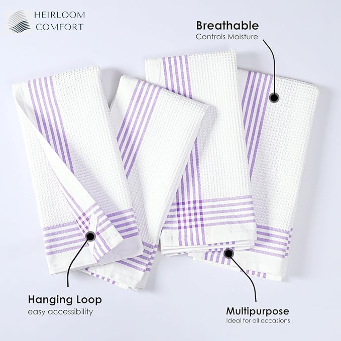 Lavender and White Kitchen Towels 5 Pack, 16x26 Inch, 100% Cotton Waffle Weave, Super Absorbent, Quick Dry, Soft & Durable Dish Towels for Drying, Cooking, Cleaning Tasks