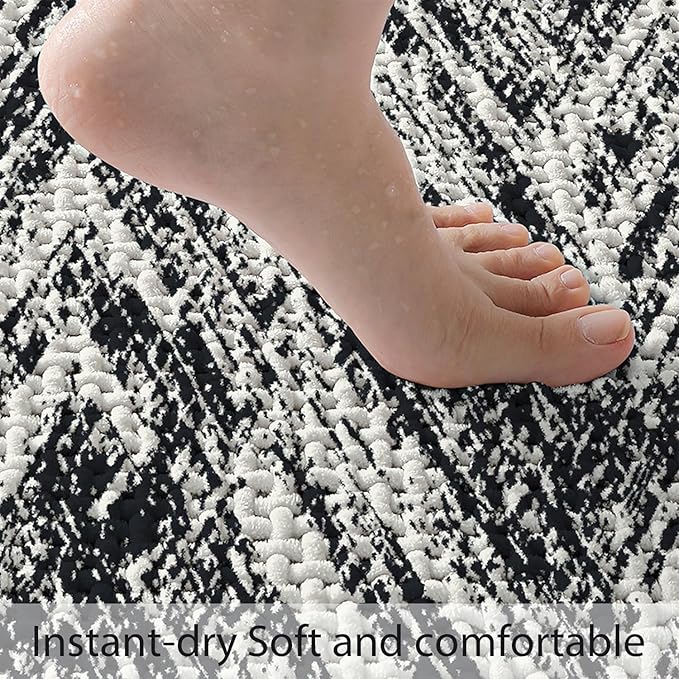 Woven Bath Mat, Modern Bathroom Rug Non-Slip, Washable, Ultra-Absorbent, Quick-Drying Minimalist Bathroom Decor (Black, 24"x16")