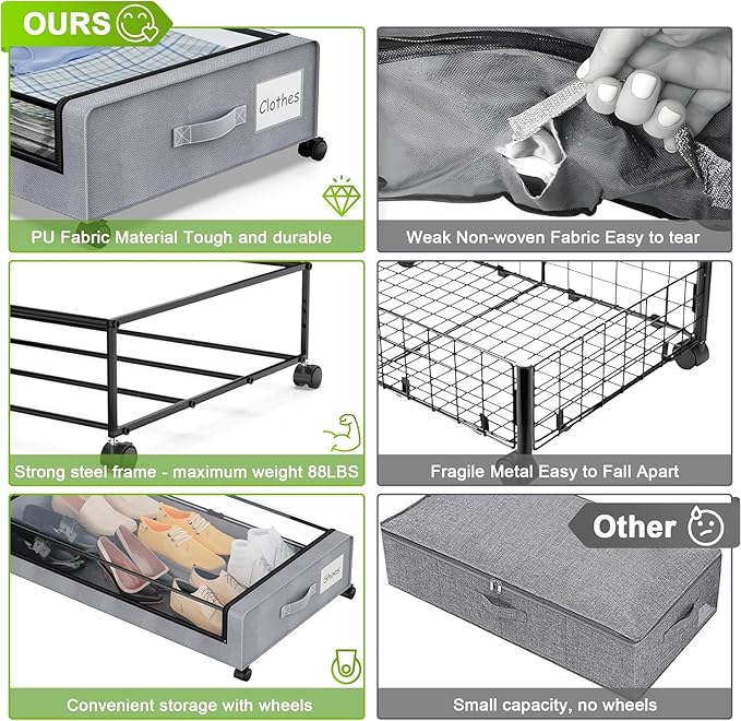 Beborxue Under Bed Storage with Wheels, 2-Pack Under the Bed Storage Containers with Lids, XXL 60L Under Bed Shoe Storage Organizer Bins, Rolling Underbed Storage for Clothes, Shoes, Blankets (Gray)