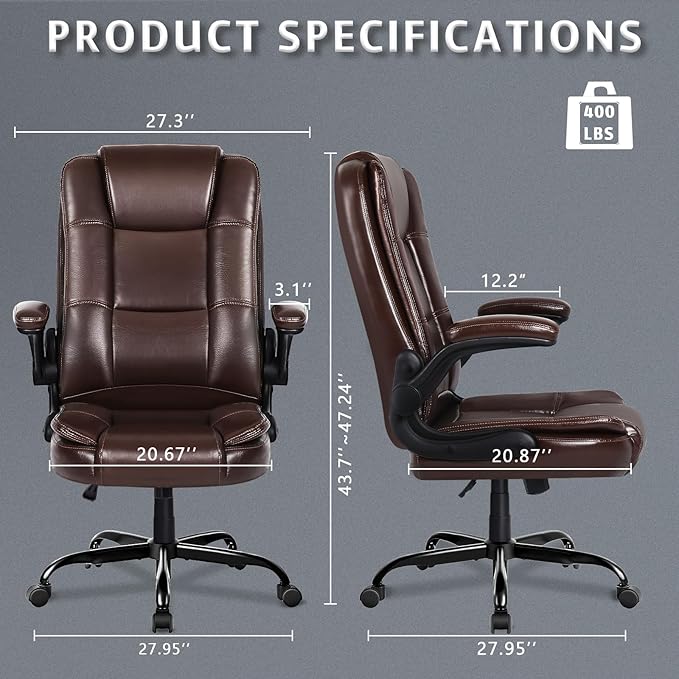 LEMBERI Flip-up Arms Office Desk Chair Big and Tall Managerial Executive Chair, High Back Computer Chair Ergonomic Adjustable Height PU Leather Chairs with Armrest for Long Time Sitting
