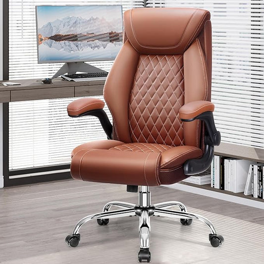 Office Chair, Ergonomic High Back Home Office Desk Chair, Big and Tall Breathable Leather Office Chair with Lumbar Support Flip-Up Armrests, Computer Chair with Rocking Function