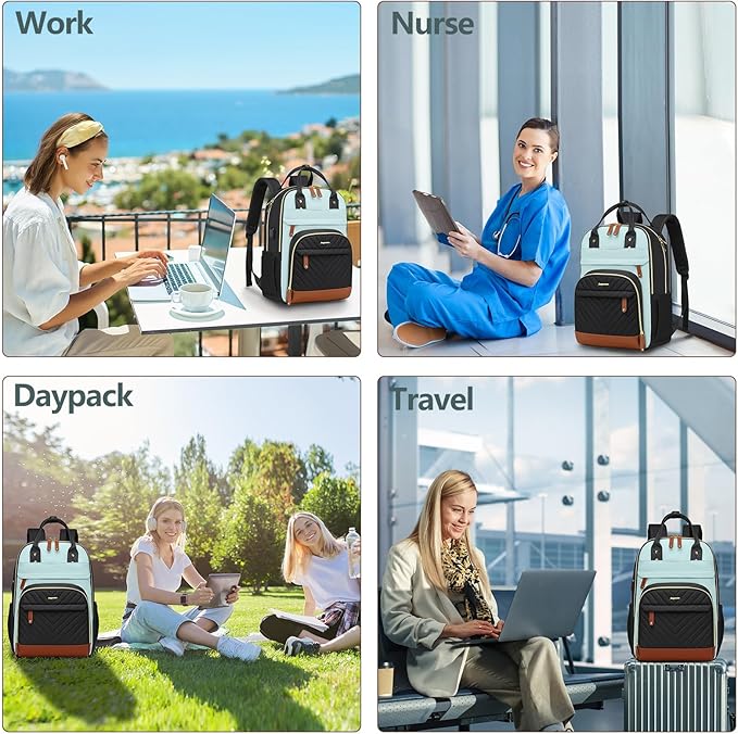 Laptop Backpack for Women Work Bookbag: 15.6 Inch College Backpacks with USB Charger School Bag Waterproof Travel Computer Back Pack Anti-Theft Casual Bookbags for Girls Teacher Nurse Black-Light-Blue