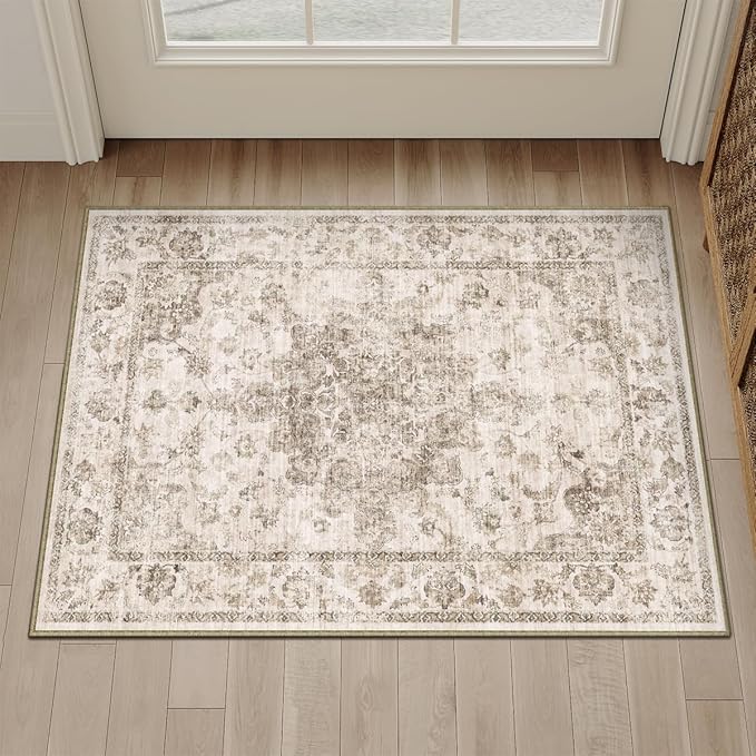2x3 Washable Neutral Area Rug Brown Vintage Entryway Kitchen Carpet Non-Slip Soft Low Pile Floral Indoor Small Throw Rug for Bedroom Bathroom Entrance