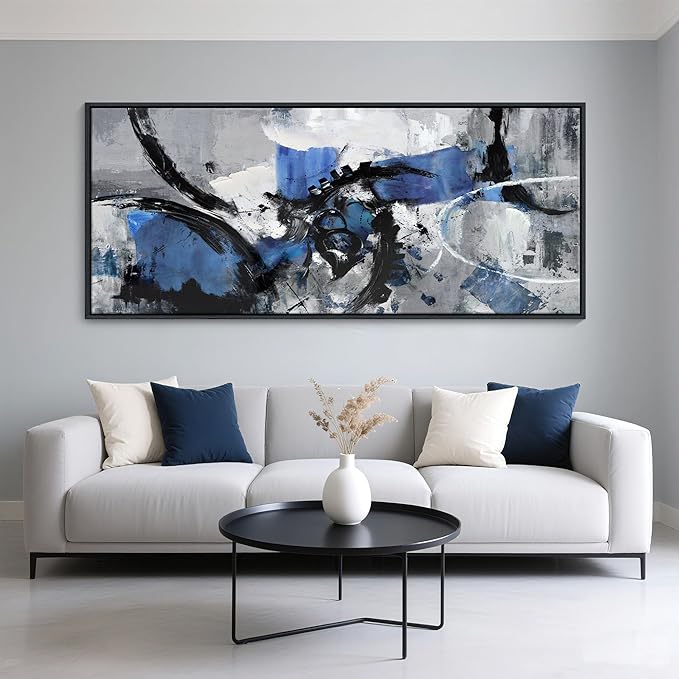 Blue Abstract Wall Art - Canvas Wall Art in Blue and Black Framed Gray Artwork for Living Room, Bedroom and Office Decorations for Work - Modern Wall Decor and Pictures