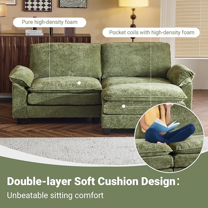 VINGLI 87" Convertible Sectional Sofa,L-Shaped Deep Seat Sofa Couch for Living Room,Modern 2-Seat Loveseat Sofa with Ottoman for Small Space(Olive Green)