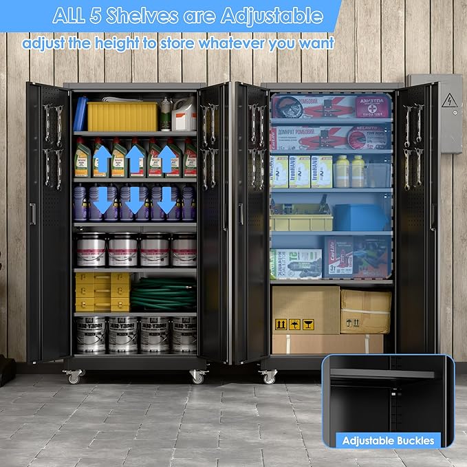 71" H×34" W×18" D Garage Storage Cabinet with Wheels, Metal Storage Cabinet with 5 Adjustable Shelves and Pegboard for Garage Home Office Utility Room,Required Assembly,Black