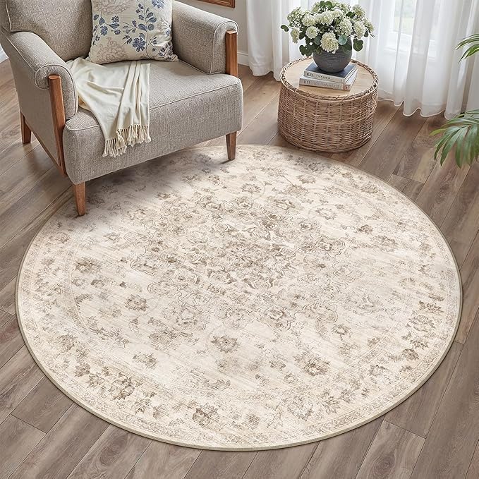 4x4 Washable Neutral Round Rug Beige Vintage Entryway Kitchen Cirlce Rug Non-Slip Soft Low Pile Floral Indoor Carpet for Entrance Bathroom Dining Room