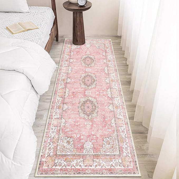 Washable Runner Rug 2'x6',Pink Rug Runners Non Slip,Long Boho Rugs for Hallways Kitchen Bathroom Bedroom Entryway,Vintage Bohemian Distressed Floor Carpet,Blush Floral Flowers