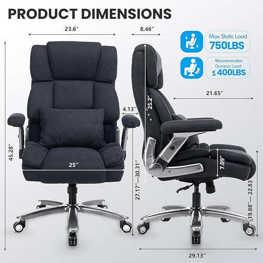 750lbs Heavy Duty Desk Chair with 3D Kneading Massage, Big and Tall Office Chairs with Ergonomic Support, 4D Armrests, 5 Quiet Dual Rubber Wheel, Thick Spring Cushion(Black-Fabric)