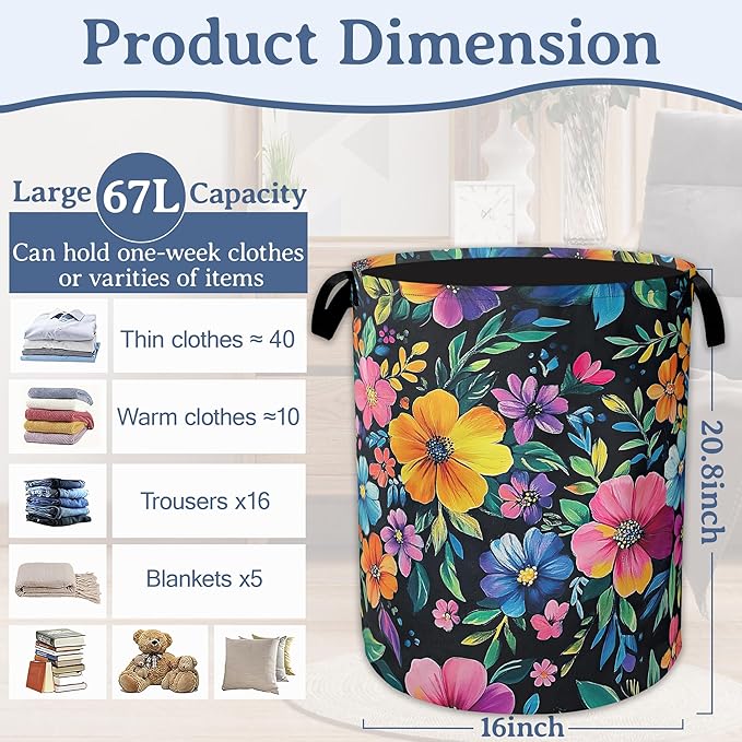 Vintage Spring Floral Laundry Hamper With Handle,Foldable Oxford Cloth Laundry Basket,20.8"x16" Clothes Storage Basket for Laundry Room/Bedroom/Bathroom