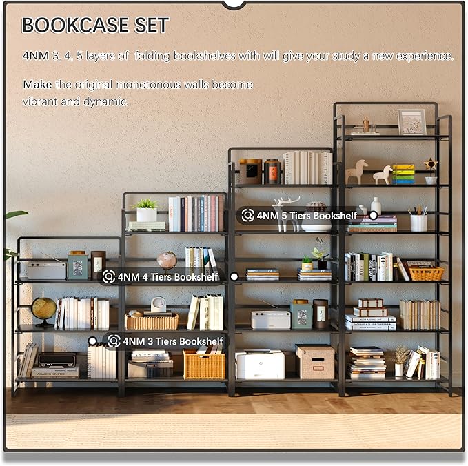 4NM No Assembly 6 Tiers Folding Bookshelf Storage Shelves Vintage Bookcase Standing Racks Study Organizer Home Office (All Black)