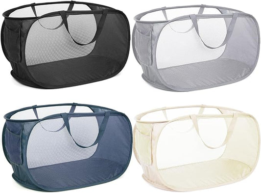 4 Pcs Durable Collapsible Laundry Baskets, Foldable Laundry Basket Large Opening, Pop Up Laundry Hamper with Pocket, Clothes Hamper with Handles for Laundry, Bathroom, Kids Room, Dorm or Trave