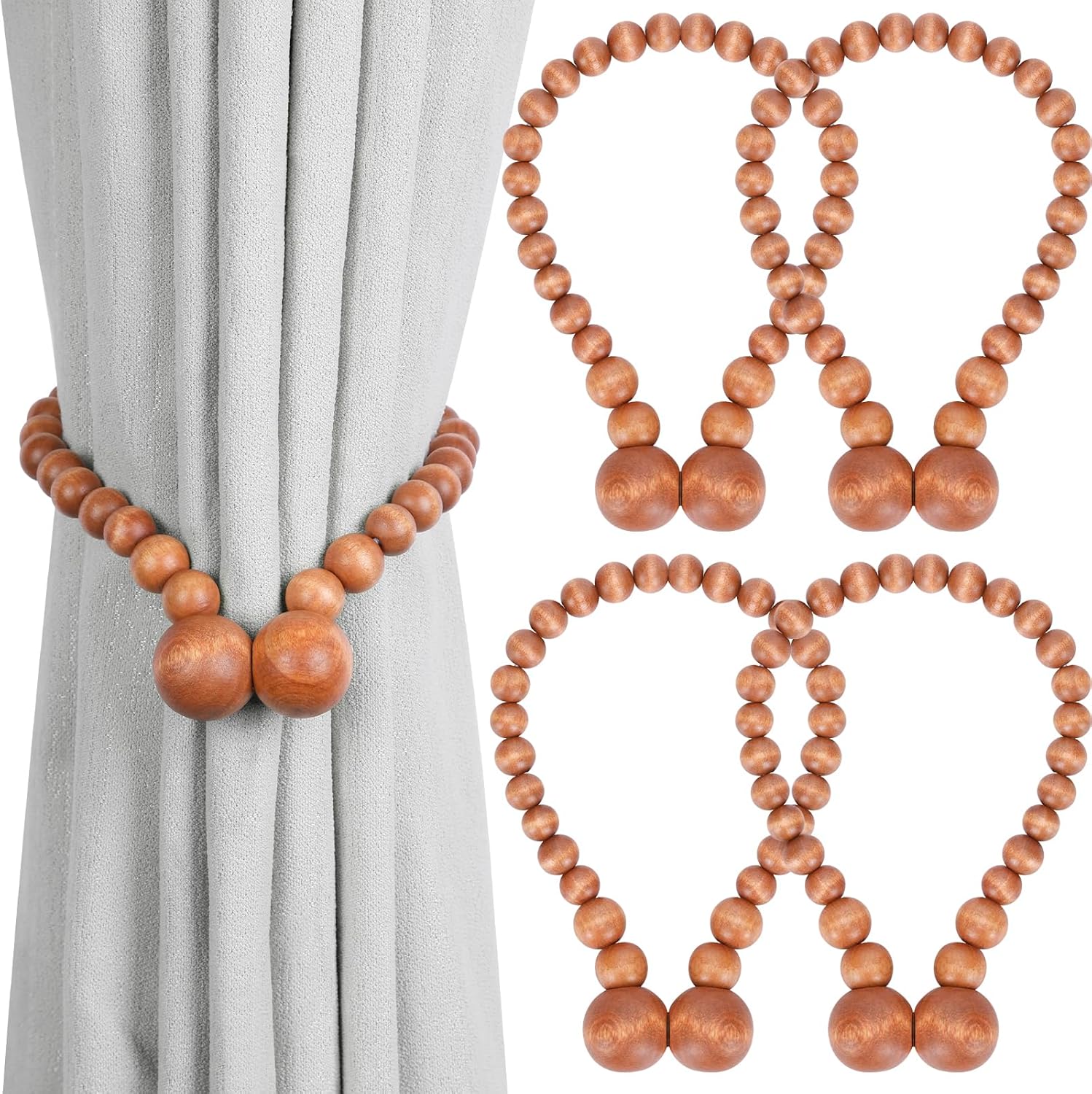 KLOGTSIND Magnetic Curtain Tiebacks, Curtain Tie Backs for Curtains 4 Pack, Wood Bead Curtain Tiebacks, Curtain Holders for Boho Bedroom Decor, Baby Nursery Decor, Farmhouse Decor Dormly