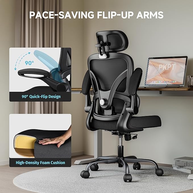Ergonomic Office Chair, 330 lbs Home Mesh Desk Office Chair with Adjustable Lumbar Support & Headrest, Flip-up Armrests for Long Hours, Black