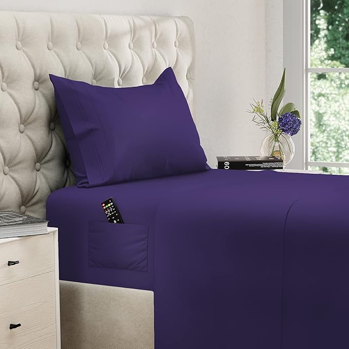 DREAMCARE Twin XL Sheet Sets – 3pcs Cooling Sheets – up to 15” Deep Pocket Twin XL Sheets Set – Hotel Luxury Sheets & Pillowcases – Superior Softness 100% Fine Microfiber with Side Pocket – Purple DREAMCARE