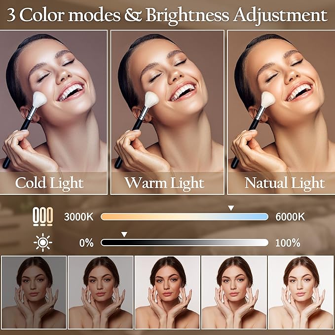 ROLOVE Gold Vanity Mirror with Lights 15" x 12", Lighted Makeup Mirror with 10X Magnification, 3 Color Lighting & Dimmable Brightness, Make Up Mirror with Lighting for Bedroom Tabletop