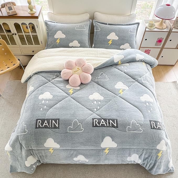 Fleece Comforter Set - 3 Piece Twin Size Thick Fluffy Comforters for Her Girls, Plush Cozy Warm, Soft Microfiber Bedding Bedroom Decor (1 Comforter + 2 Pillow Shams)
