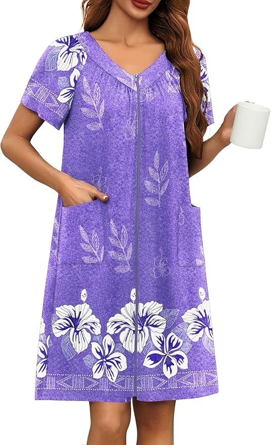 Ekouaer Women Robe Zipper Front Mumu Duster Robes Zip Up Housecoat Soft Sleepwear with Pockets