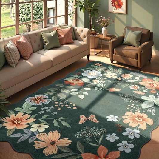 Lahome Floral Washable 6x9 Area Rugs, Soft Bedroom Rug for Living Room Ultra-Thin Non Slip Dining Room Rug, Stain Resistant Boho Rugs Easy Clean Throw Carpet for Office(6'x9',Dark Green)