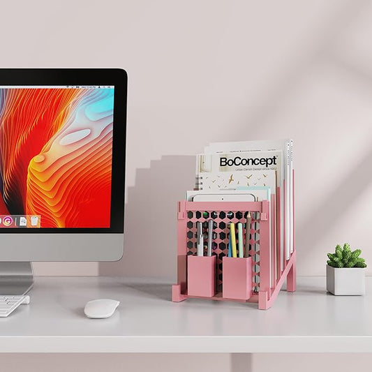 File Organizer for Desk with Storage Box & Hook, Inclined Desk File Organizer with 5-Section Vertical File Holder suitable for Home Office Document Organization (Pink-01)