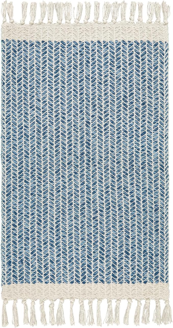 Lahome Boho Bathroom Rugs, Small 2x3 Front Door Bath Mats Lightweight Entryway Rug Woven Cotton Area Rug with Tassels, Farmhouse Blue Throw Rug Washable Low Pile Carpet for Kitchen