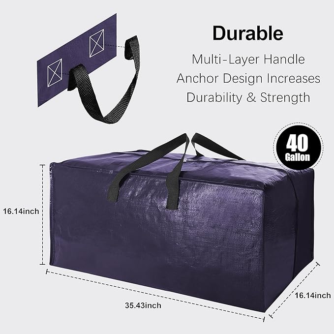 6 Pack Heavy Duty Extra Large Moving Bags W/Backpack Straps - Strong Handles & Zippers, Storage Totes For Space Saving, Fold Flat, Alternative to Box and Bin (40 gal, Blue)