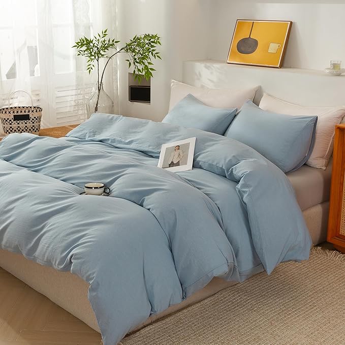 ECOCOTT Haze Blue Duvet Cover King Size, 3 Piece 100% Washed Cotton 1 Duvet Cover with Zipper and 2 Pillowcases, Ultra Soft and Easy Care Breathable Cozy Bedding Set (Haze Blue,King)