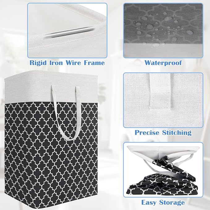 BlissTotes 3-Pack Laundry Basket, Freestanding＆Waterproof Laundry Hamper, Collapsible Tall Clothes Hamper with Easy Carry Handles for Clothes, Towels in the Family and Dorm,Clover Black,75L