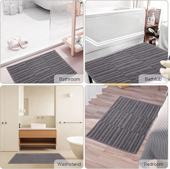 SEMAXE Bath Mat for Bathroom 2-Pack, 100% Cotton Non-Slip Mats [Not a Bathroom Rug], Super Absorbent and Soft Floor Towels, Machine Washable Shower Foot Towels, Charcoal Gray