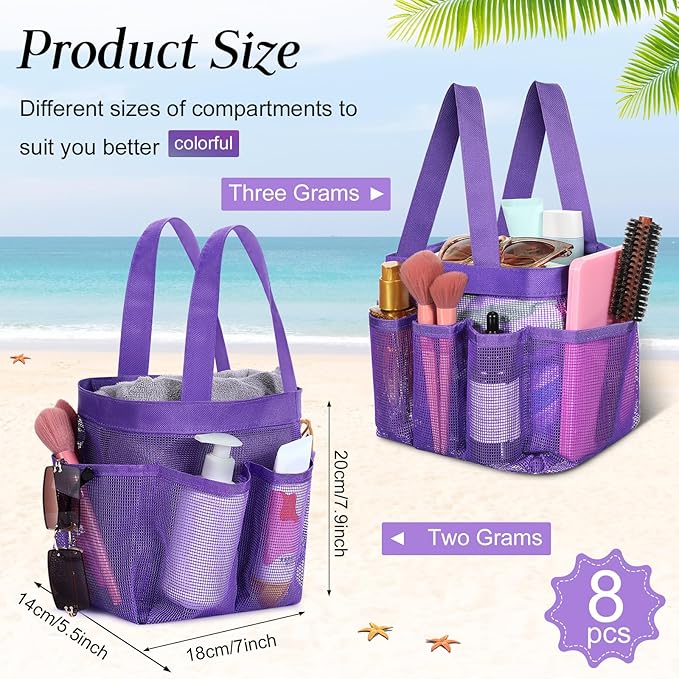 8 Packs Mesh Shower Caddy Portable Large Shower Caddy Dorm with 8 Pockets and Handles Quick Dry Shower Bags Hanging Bath Bag Dorm Room College Essentials for Bathroom Gym Camp (Multicolor)