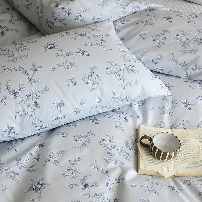 HighBuy Blue Floral Duvet Cover Twin XL Kids Girl Bedding Set Cottagecore Comforter Cover with 2 Pillowcases 100% Cotton Flower Duvet Cover Twin XL Aesthetic Bedding Set with Zipper and Corner Ties