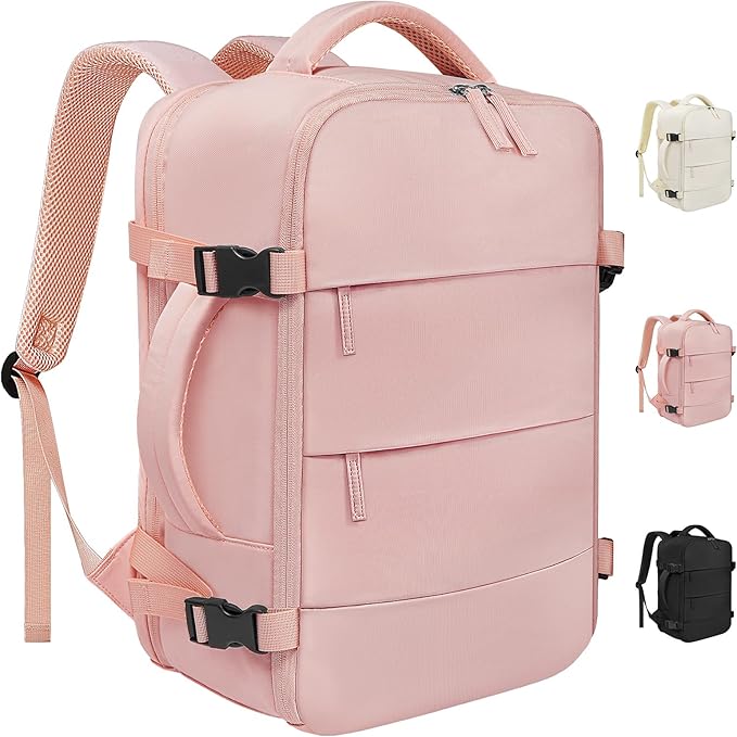 Travel Backpack For Women Men Airline Approved Carry On Backpack, Waterproof Outdoor Sports Rucksack Weekender Overnight College Business Backpack Fits 17 Inch Laptop - Pink