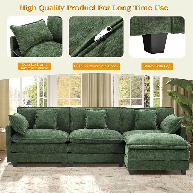 113.4" Modular Sectional Sofa,L Shaped Couch for Living Room,Modern Deep Seat Sofa 3 Seater Chenille Fabric Comfy Cloud Couches with Throw Pillows & Movable Ottoman