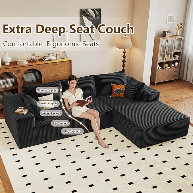 96" Modular Sectional Couch, Boneless L Shaped Cloud Sofa with Chaise Lounge, Corduroy Upholstered Couches Memory Foam Deep Seat, No Assembly Required, Ideal for Living Room(Black, Right Facing)