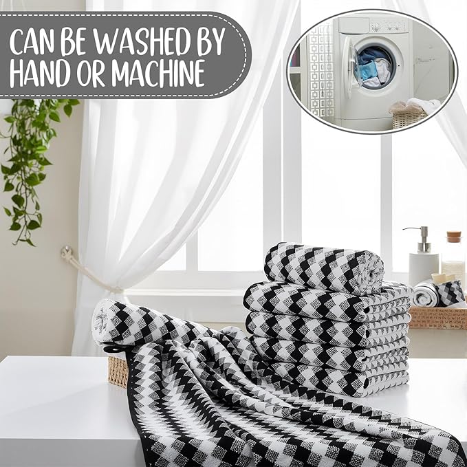 16 Pack Microfiber Bath Towels Bulk 27'' x 60'' Oversized Size Bath Towel Highly Absorbent Extra Large Soft Drying for Shower Beach Winter Salon Sport Gym Party (Grid,Black)