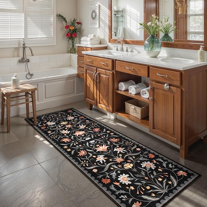 Lahome Boho Floral 2'6"x8' Washable Runners for Hallways, Kitchen Runner Rugs Non Skid Ultra-Thin, Soft Hallway Rug Throw Carpet Runners for Bedroom Bathroom Laundry Room (Black,2.6x8ft)