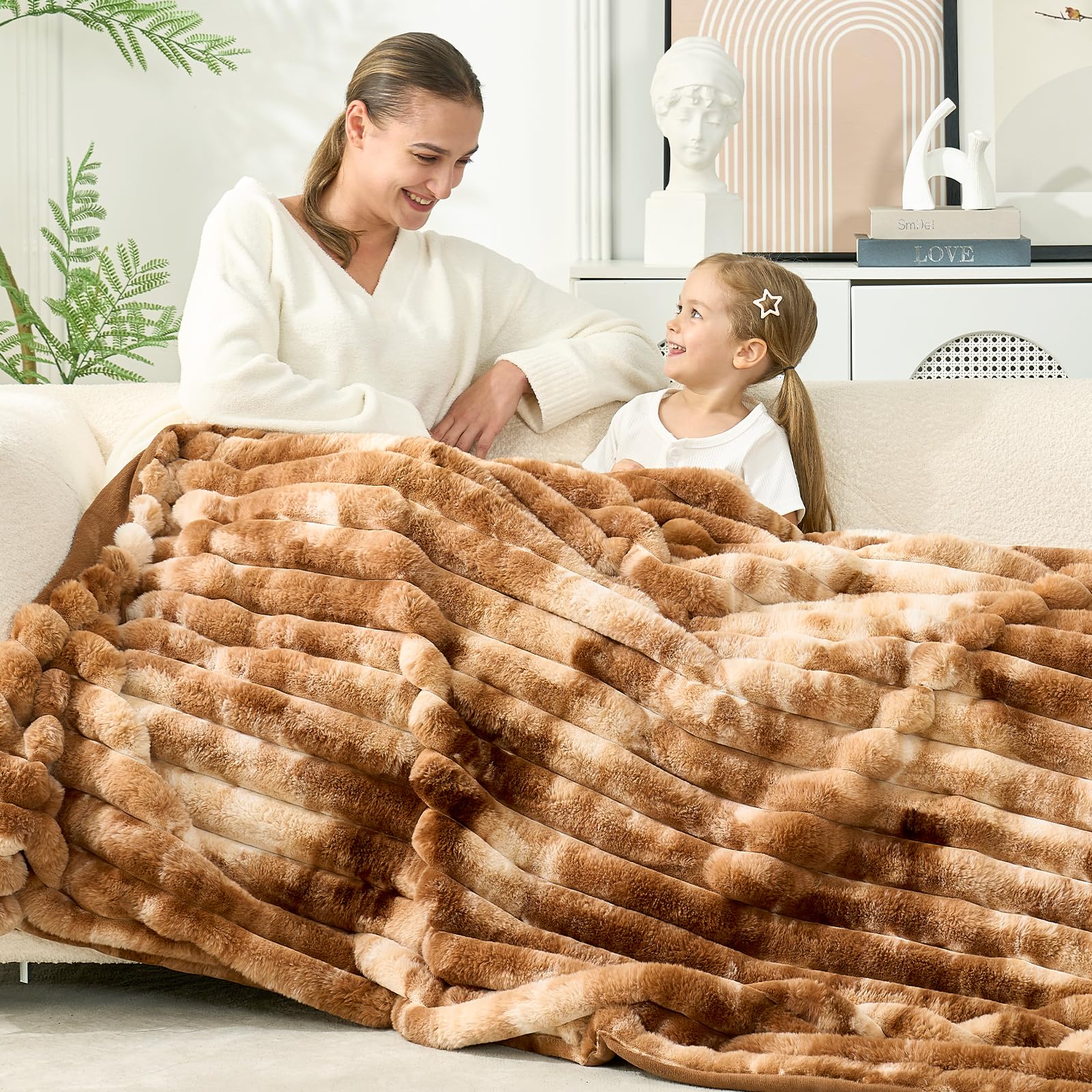 Cozy Bliss Faux Fur Throw Blanket for Couch, Cozy Warm Plush Striped Blanket for Sofa Bedroom Living Room, 50 * 60 Inches Sage Green Dormly