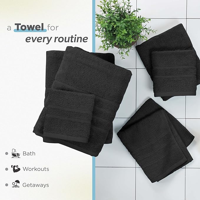 Martex 6-Piece Towel Set – Ultimate Performance – 100% Cotton – 2 Bath Towels – 2 Hand Towels – 2 Wash Cloths – Versatile – Low-Linting – Supersoft & Absorbent Bathroom Set – Easy Care – Black