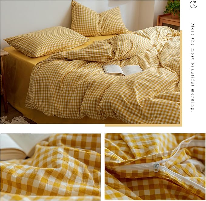 VM VOUGEMARKET Yellow Gingham Duvet Cover Set Queen 3 Pieces Plaid Duvet Cover with Zipper Ties 2 Pillowcases 100% Washed Cotton Modern Luxury Bedding Set (Queen,90"x90")