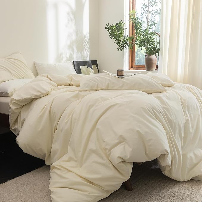 FOSSA Duvet Cover Set 100% Washed Cotton Linen Feel Super Soft Breathable Cozy 3 Pieces Bedding Sets Solid Cream White King