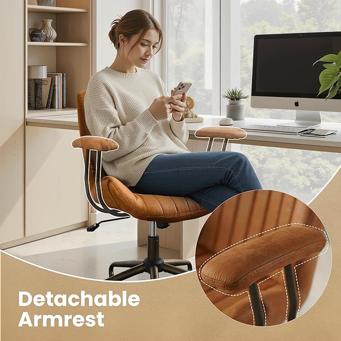 Home Office Desk Chair, Mid-Century Modern Office Chair with Adjustable Lumbar Support, Adjustable Height Executive Task Chair with 360 Rolling Swivel for Meeting Study Room(Mid Back, Brown)