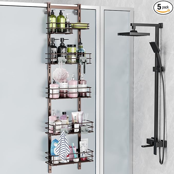 Orimade Over the Door Shower Caddy Adjustable 5 Tier Bronze,Bathroom Hanging Organizer Shelf Rustproof with 4 Hooks,Shower Basket with Soap Holder and Suction Cup
