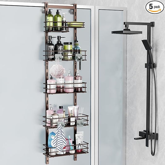 Orimade Over the Door Shower Caddy Adjustable 5 Tier Bronze,Bathroom Hanging Organizer Shelf Rustproof with 4 Hooks,Shower Basket with Soap Holder and Suction Cup