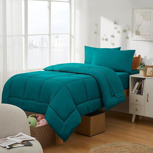 Dorm Room Essentials College Bedding Comforter Set 5 Piece Twin Size Bed in a Bag for College Students Boys and Girls, Twin, Teal